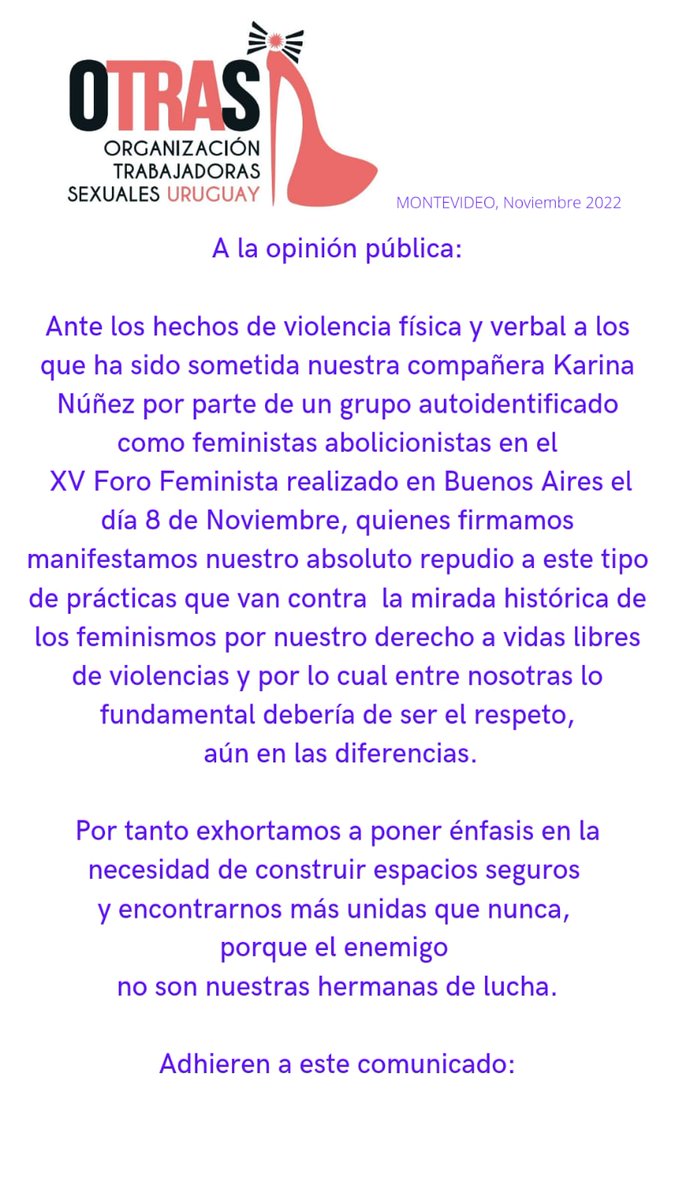Compañeras, estamos pidiendo que nos acompañen en éste comunicado en apoyo a la Compañera Karina Nuñez en repudio a lo que pasó en Argentina. Desde yá gracias. Al comunicado lo acompañamos con el hastag:
#sinnosOTRASnada