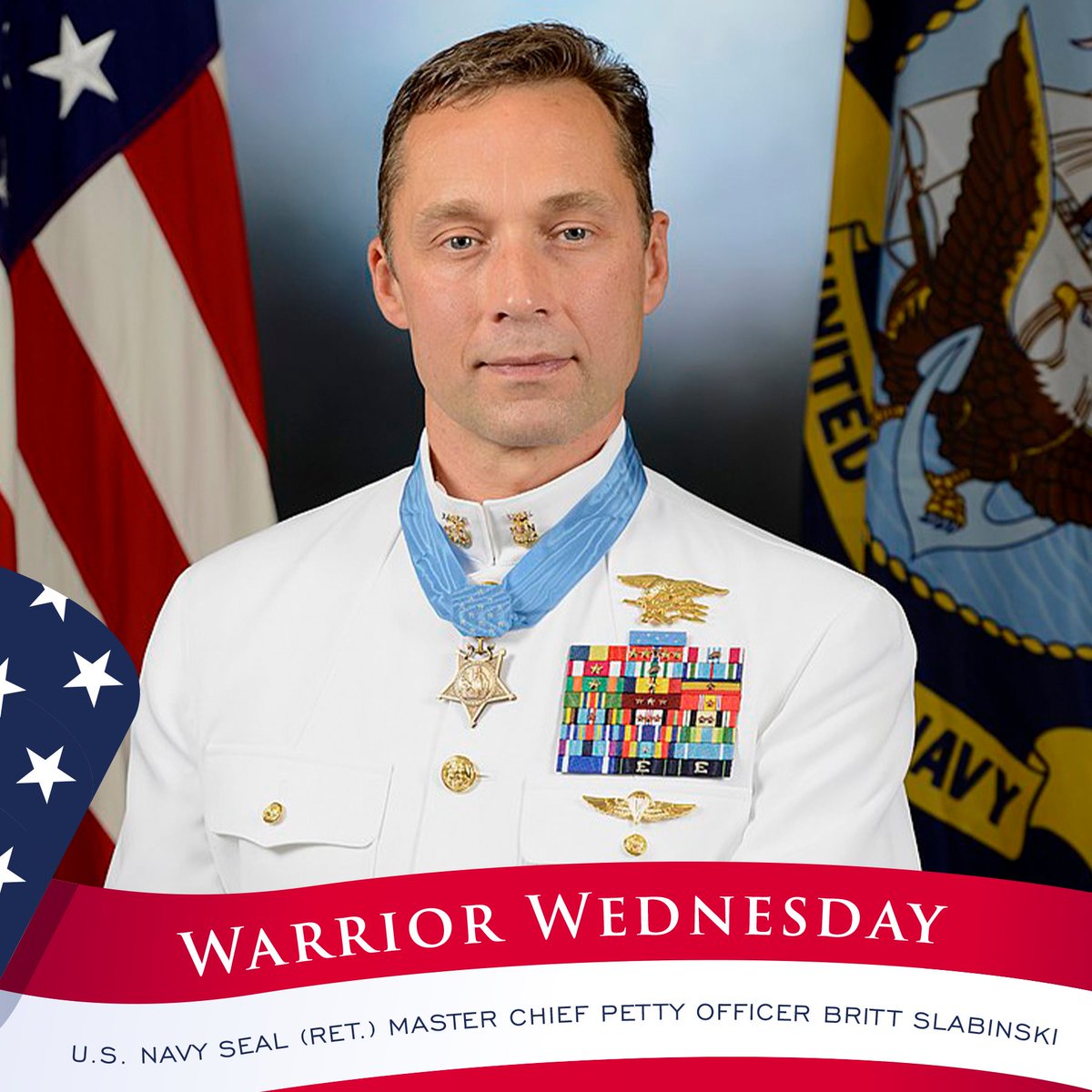 On #WarriorWednesday, we recognize Navy MCPO Britt Slabinski. In 2018, Slabinski was awarded the Medal of Honor for his actions 18 years ago while being deployed in Afghanistan. He was honored for taking on heavy enemy fire and stabilizing the wounded during a 14-hour extraction.