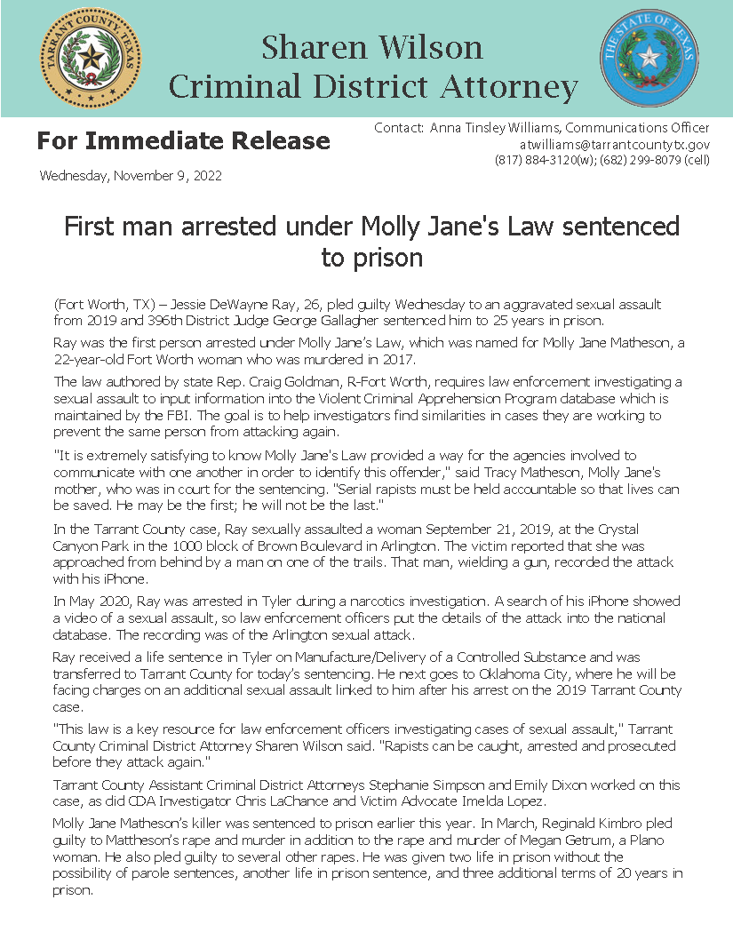 TarrantCountyDA's tweet photo. First man arrested under Molly Jane's Law sentenced
to prison. https://t.co/3r8GvVBMGq