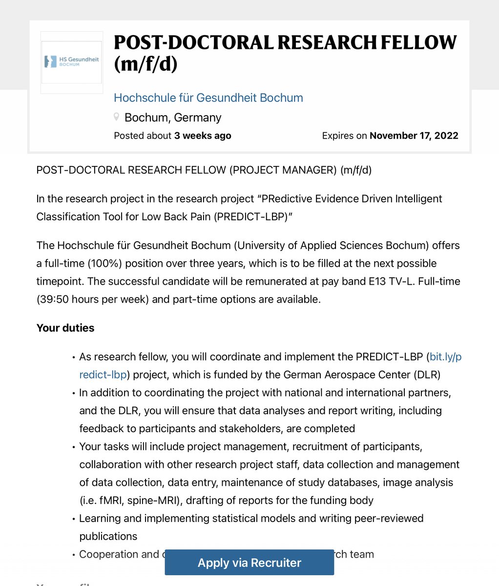 Daniel Belavy (@belavyprof) on Twitter photo 🎺REMINDER 2 * 3yr #postdoc positions @hsgesundheit
In #backpain project bit.ly/predict-lbp
➡️ go.nature.com/3gKzADk
➡️ go.nature.com/3syDfag
Application deadline 17th Nov!
<a href="/PaininMotion/">Pain in Motion</a> <a href="/AdamMeakins/">The Sp⚽️rts Physio</a> <a href="/GregLehman/">Greg Lehman</a> 🎺REMINDER 2 * 3yr #postdoc positions @hsgesundheit
In #backpain project bit.ly/predict-lbp
➡️ go.nature.com/3gKzADk
➡️ go.nature.com/3syDfag
Application deadline 17th Nov!
<a href="/PaininMotion/">Pain in Motion</a> <a href="/AdamMeakins/">The Sp⚽️rts Physio</a> <a href="/GregLehman/">Greg Lehman</a>