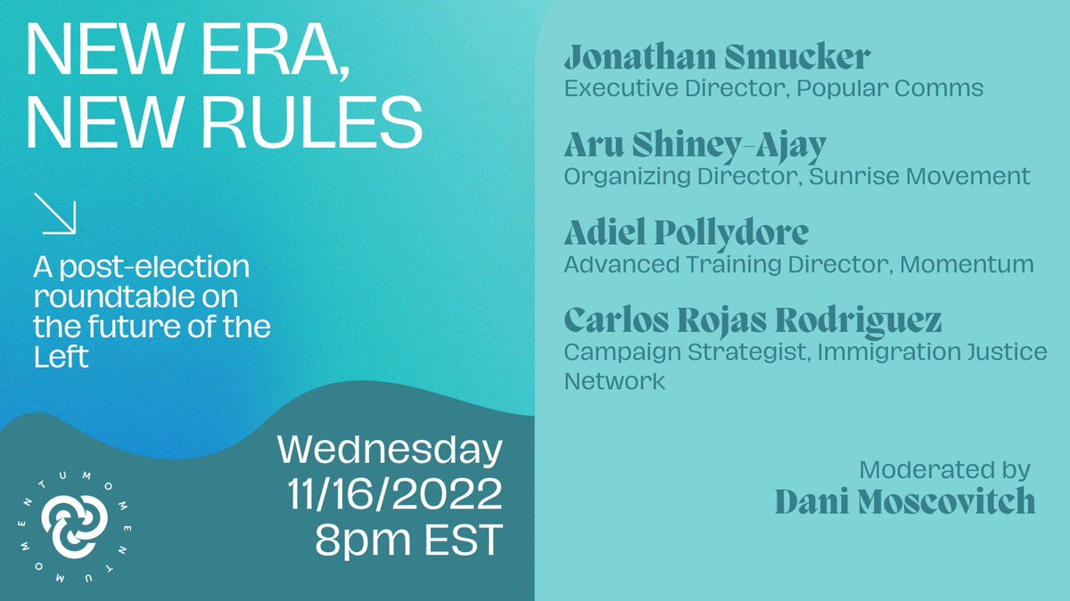 Last night confirmed that this is a new political era. The red wave failed, past midterm trends no longer apply, and youth turnout reached historic highs. How does the left not only adjust, but use this moment to change the game? Join us next week. RSVP: bit.ly/NewEra-NewRules