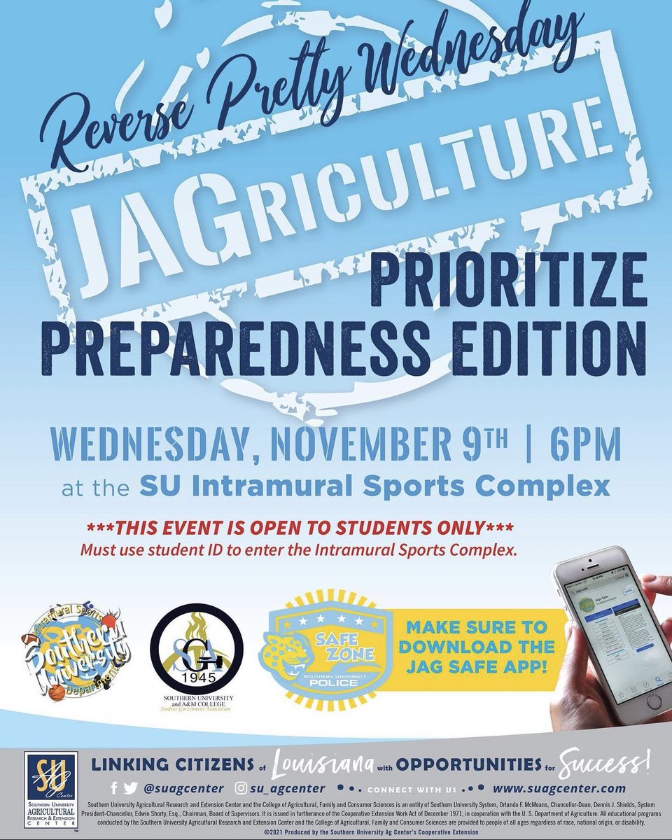 TODAY - TODAY - TODAY!!! Reverse Pretty Wednesday - Prioritize Preparedness Edition in the Intramural Sports Complex. Starting @ 6pm *Make sure to have your student id for entry!*

#teamsu #geauxjags💛💙🐆