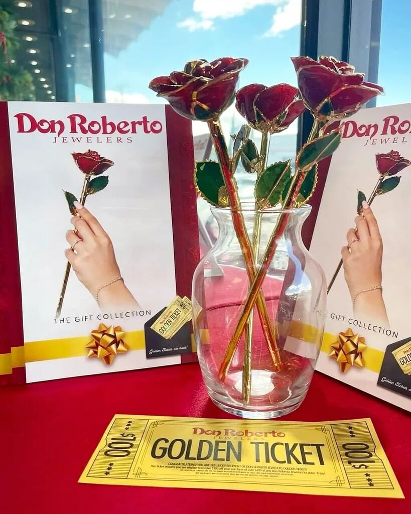 DonRobertoCo's tweet photo. Have you picked up your Golden Ticket? Receive $100 off your purchase of $499.  Send us a message and we can send you a digital version! ✨️ Offer ends November 30, 2022. Exclusions apply. #DonRobertoJewelers https://t.co/0TtYpMGWyS https://t.co/ZsrlOlTvef