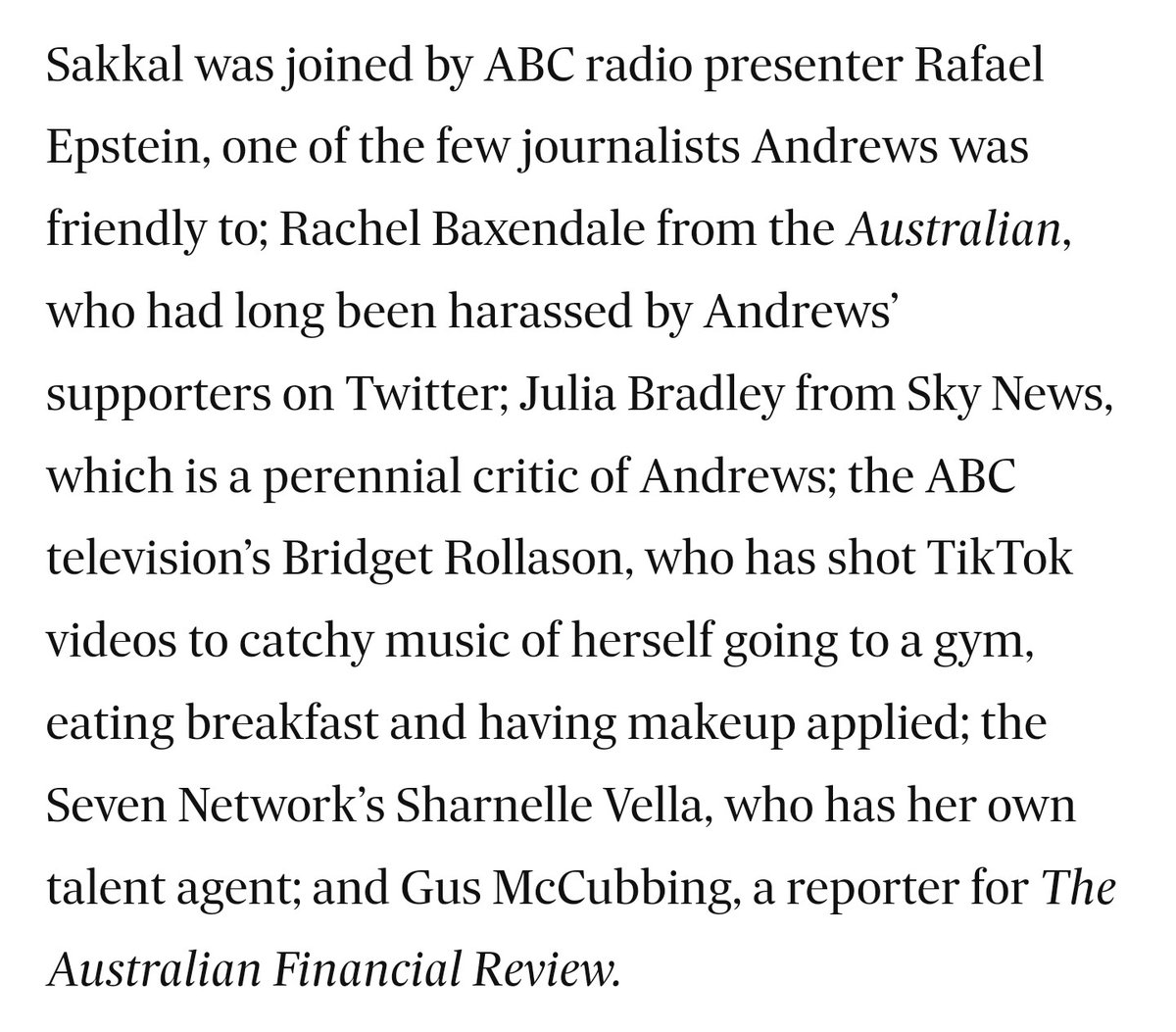 Danny Tran (@dannytran) on Twitter photo Must be a wild coincidence that all the women in this copy get a little smear, but the Fin's own reporter just gets his name and title.
Because only male Fin reporters get to be known for doing their job, right š„²
And not the widely respected <a href="/SharnelleVella/">Sharnelle Vella</a> and <a href="/bridgerollo/">Bridget Rollason</a> Must be a wild coincidence that all the women in this copy get a little smear, but the Fin's own reporter just gets his name and title.
Because only male Fin reporters get to be known for doing their job, right š„²
And not the widely respected <a href="/SharnelleVella/">Sharnelle Vella</a> and <a href="/bridgerollo/">Bridget Rollason</a>