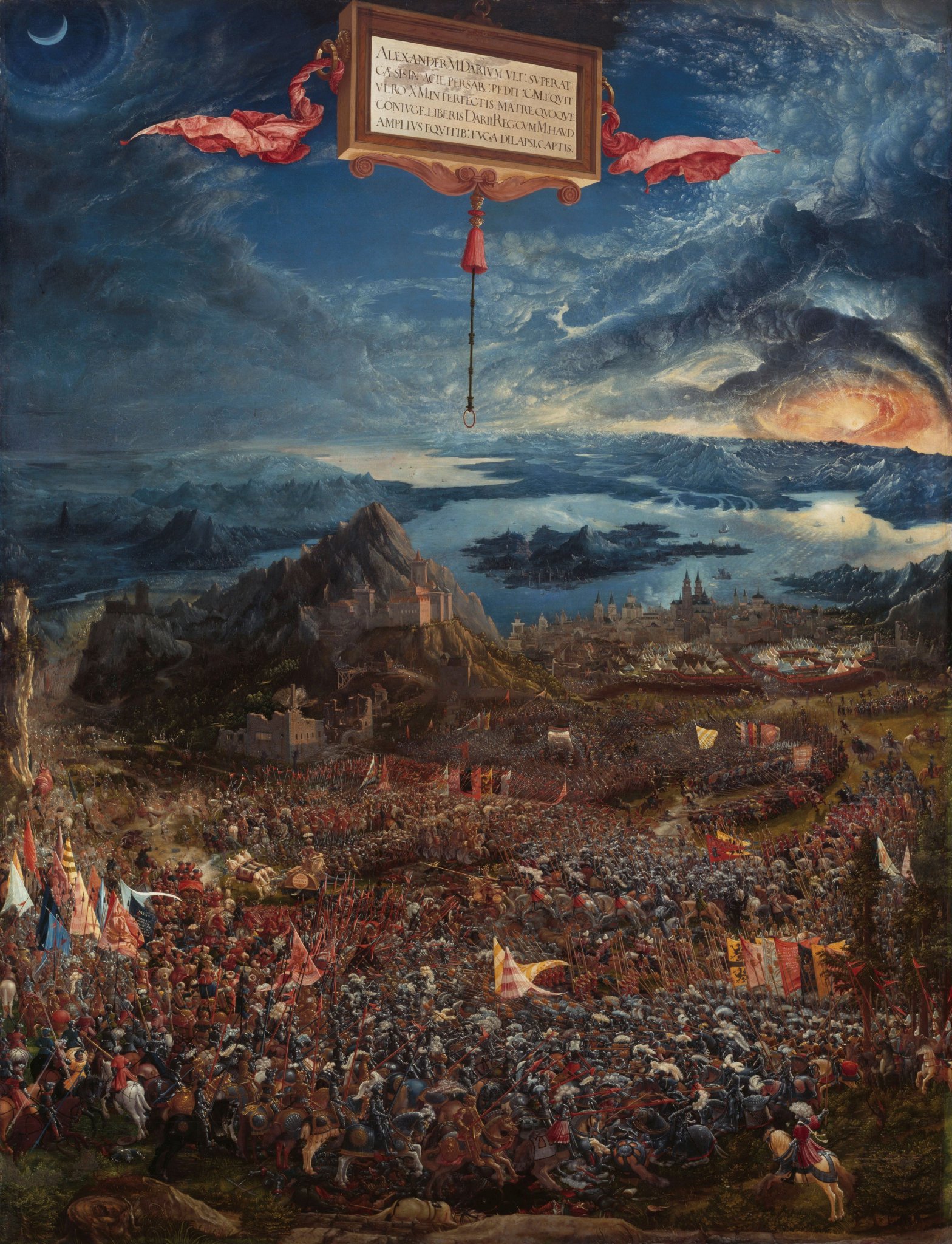 This painting is called the Battle of Alexander at Issus,  created by Albrecht Altdorfer nearly 500 