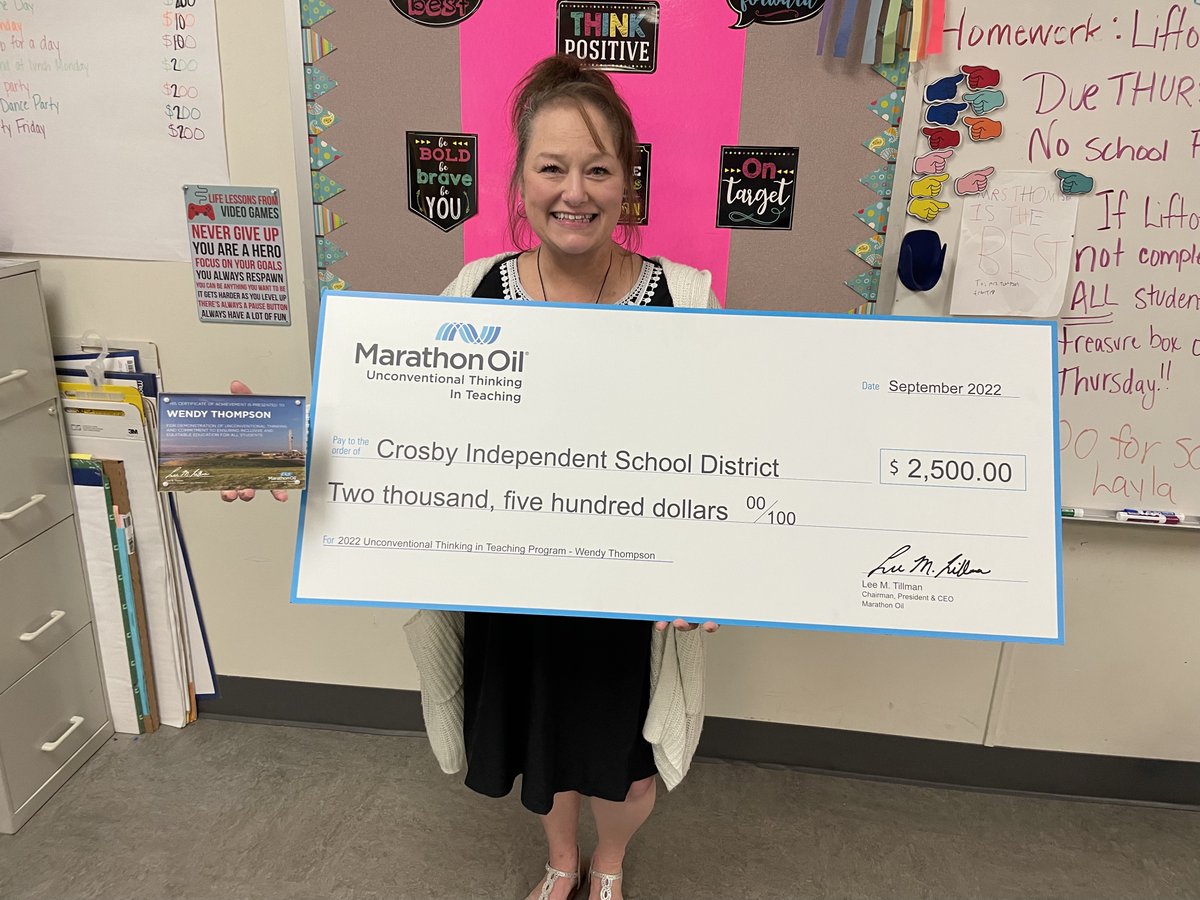 CrosbyISD's tweet photo. We love surprises! Thank you, @MarathonOil, for delivering big checks to Coach @JHelburg and Mrs. Hamilton-Thompson at @BarrettElemCISD. They each received $2500 in #UnconventionalThinkinginTeaching grants. We can't wait to see the benefits for their students! #BetterTogether https://t.co/BFHNyL3RUs