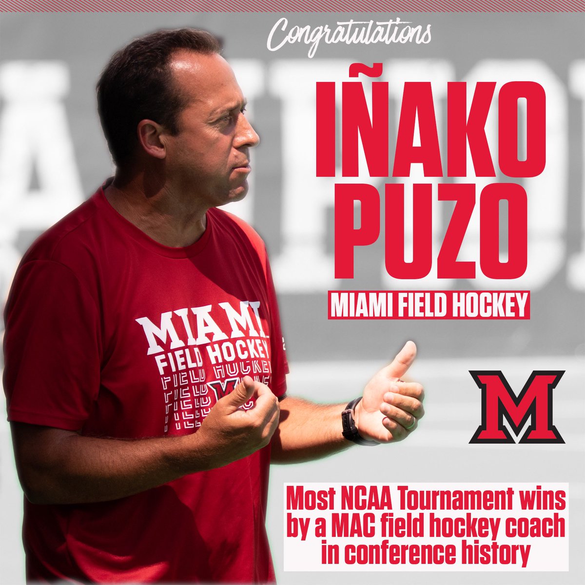 With today’s win, which advances Miami to the Round of 16 for the second consecutive year, Miami’s Iñako Puzo has now won more NCAA Tournament games than any other MAC field hockey coach in conference history. #RiseUpRedHawks