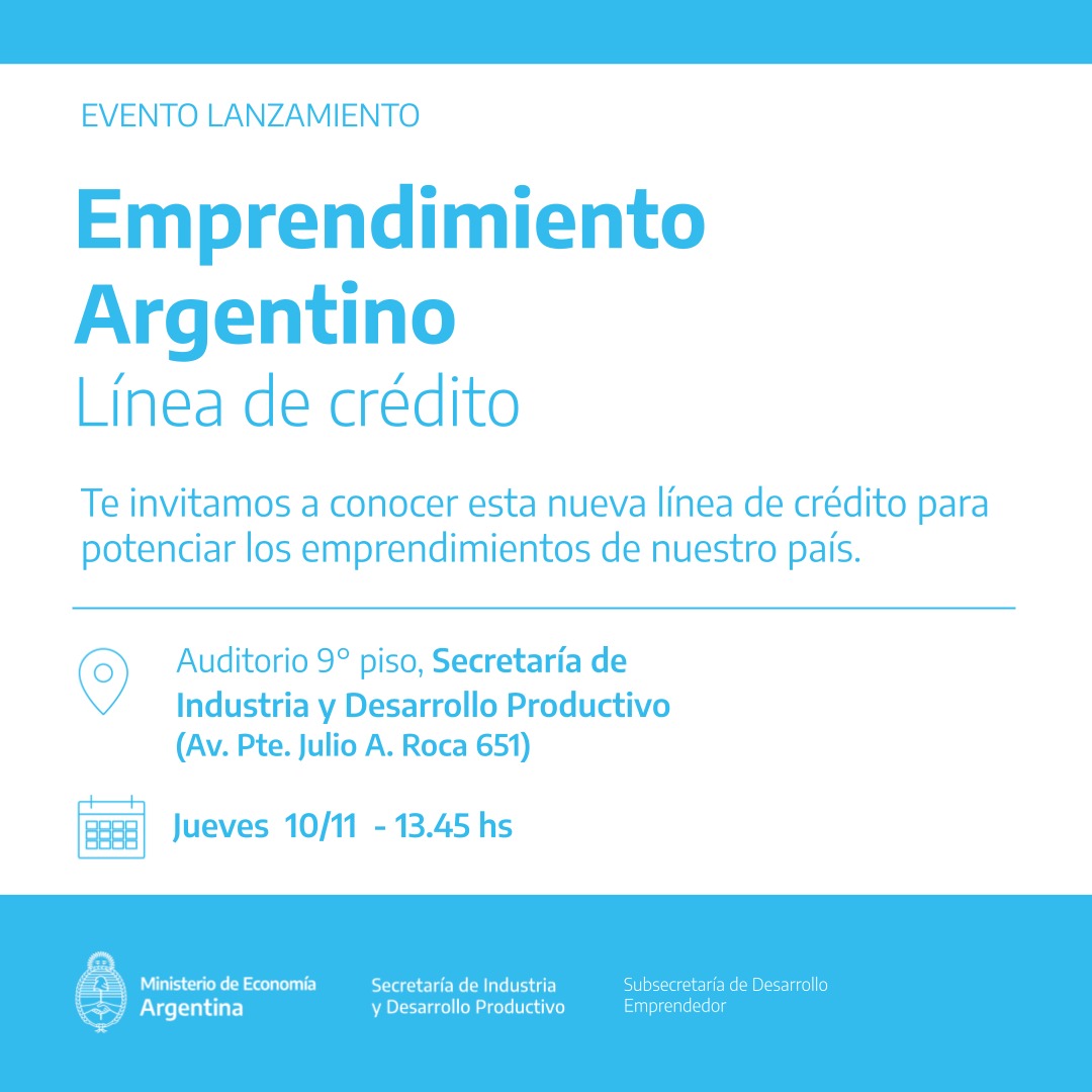 Lanzamiento de Emprendimiento Argentino👏🏼
.
▶️Mañana estaremos presentes en el lanzamiento de esta importante línea de financiamiento para emprendedores de todo el país.