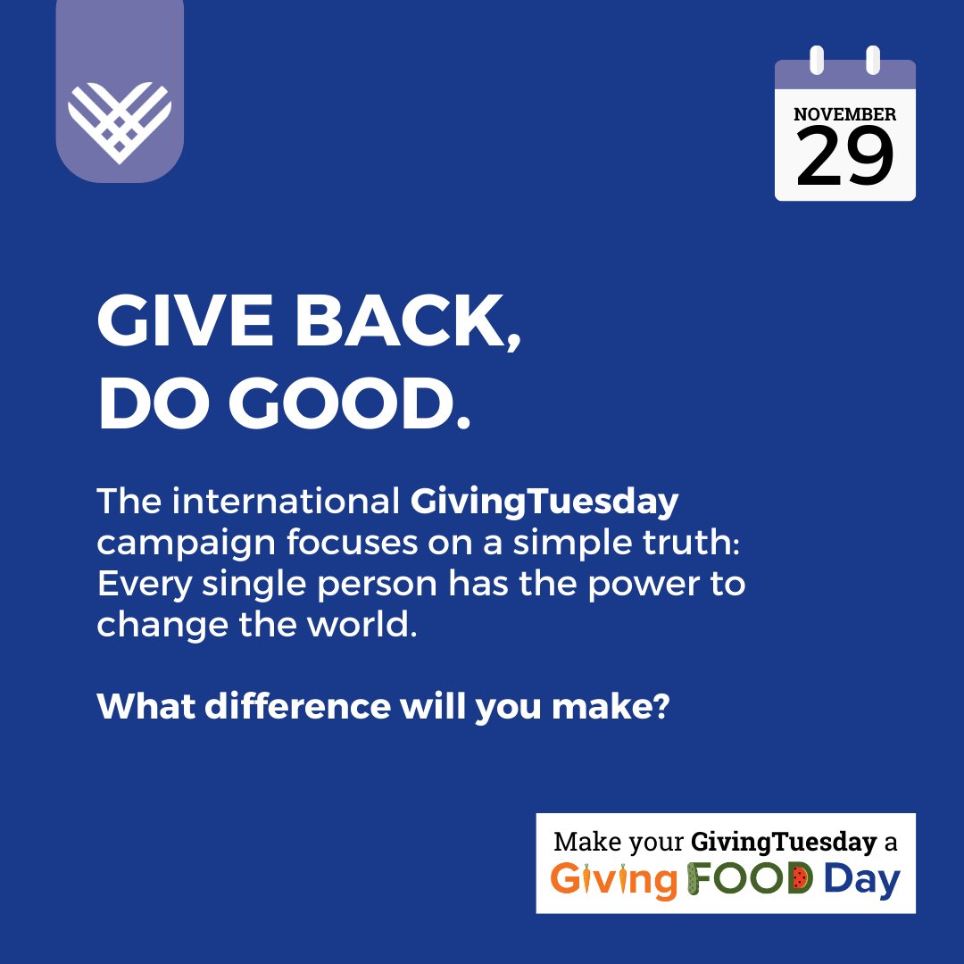 BRAFB's tweet photo. We’re making this #GivingTuesday a #GivingFoodDay and invite you to join us! Our goal is to raise enough money to provide 1 MILLION MEALS to families facing hunger. But we need your help—Mark GivingFoodDay on your calendars and consider giving to the Food Bank on Nov. 29! https://t.co/xLd5HM7hOC