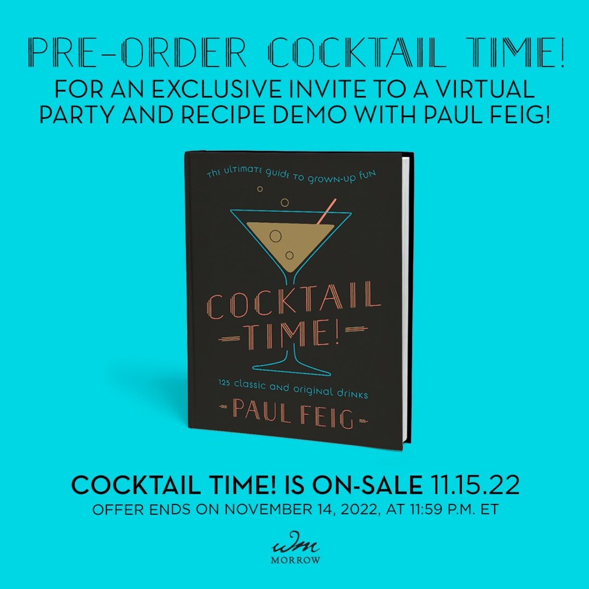 paulfeig's tweet photo. Shameless plug! My new cocktail book is out on the 15th! 125 recipes, advice on how to throw cocktail parties and how to stock your bar and tons of embarrassing stories. Plus, recipes from @CharlizeAfrica @kerrywashington @henrygolding and more! #CocktailTime! https://t.co/6PFbHldHHg
