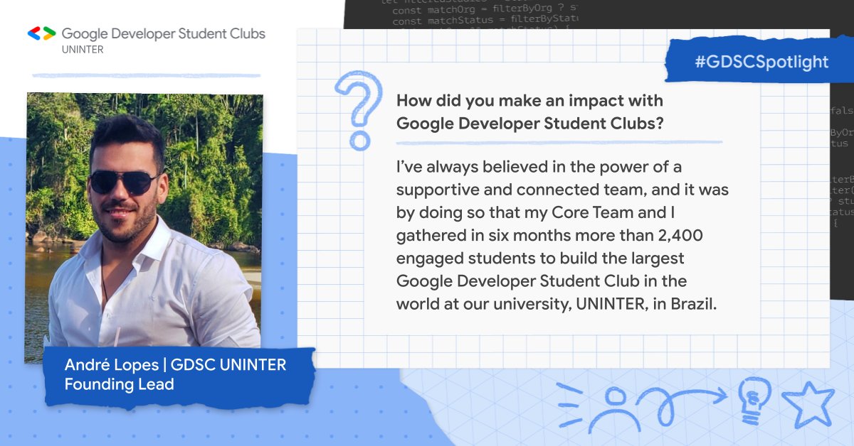googledevs's tweet photo. 🇧🇷 @GDSC_Uninter Founding Lead @andrelopes_dev helped to engage more than 2,400 students within 6 months to build the largest GDSC chapter in the world! 🤯
 
By growing a multidisciplinary team, he showed that the language of tech is accessible to all. 🥰 https://t.co/Nm34DkdfyT
