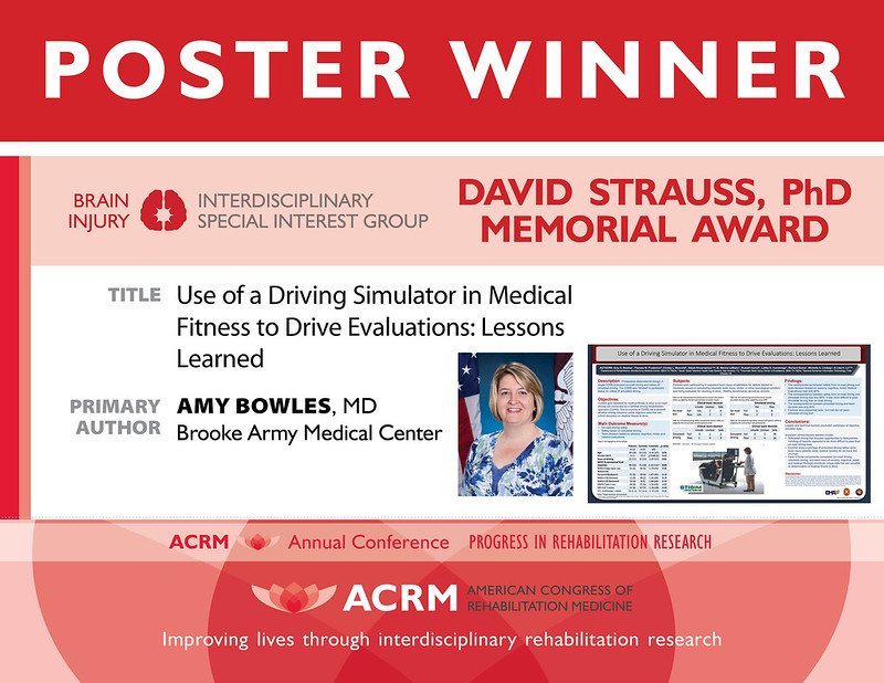 ACRMBrainInjur1's tweet photo. Congratulations Amy Bowles, MD on the David Strauss, PhD Memorial Award at #ACRM2022
Go to https://t.co/V2fd2HGVMn
Check out https://t.co/Pka5PgL61u
#TBI #braininjury #drivingsimulators #rehabilitation #physiatry https://t.co/7W0sqyteg6
