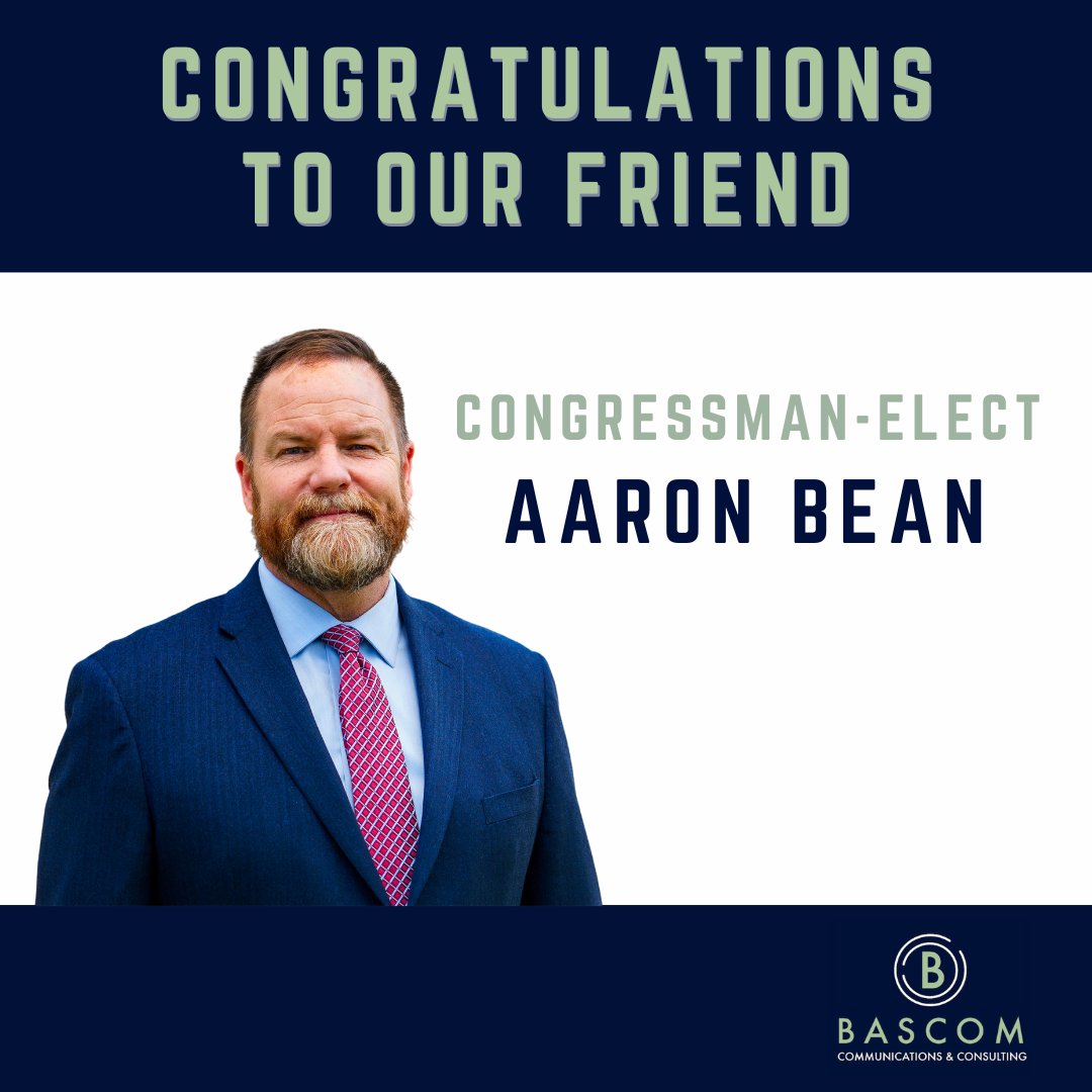 BascomGroup's tweet image. Congratulations to Congressman-elect Aaron Bean! He has a servant’s heart and @BascomLLC is delighted to see him elected to continue to serve!