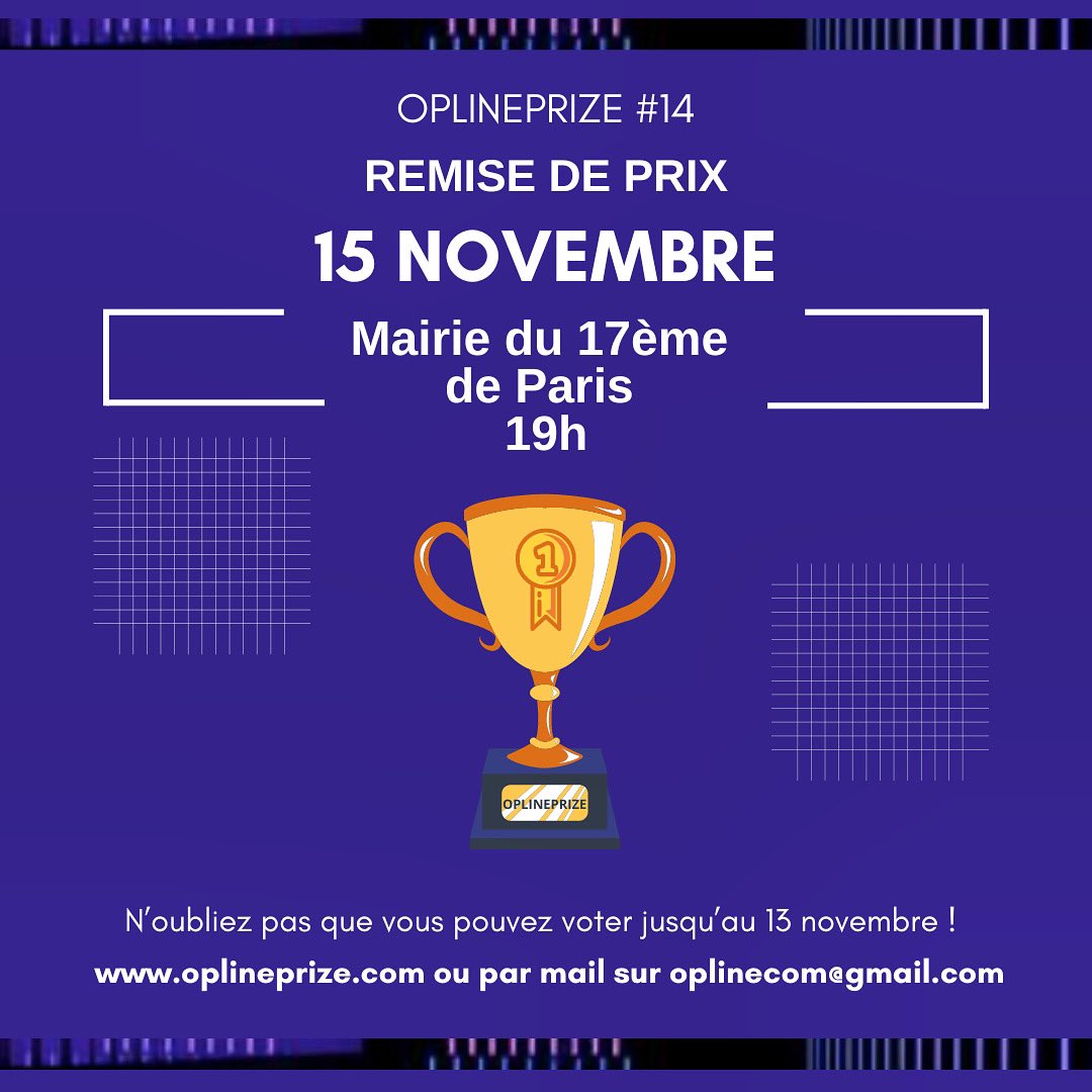 oplineprize's tweet photo. Rejoignez nous le 15 novembre pour cette soirée afin de célébrer le concours OPLINEPRIZE #14 de cette  année ! 

Nous avons hâte de vous voir ! 🥳

#OPLINEPRIZE #OPLINEPRIZE2022 #OP22 #Art #ContemporaryArt #DigitalArt #ArtPrizeOnline #Culture #Virtual https://t.co/0sdCngdFOF