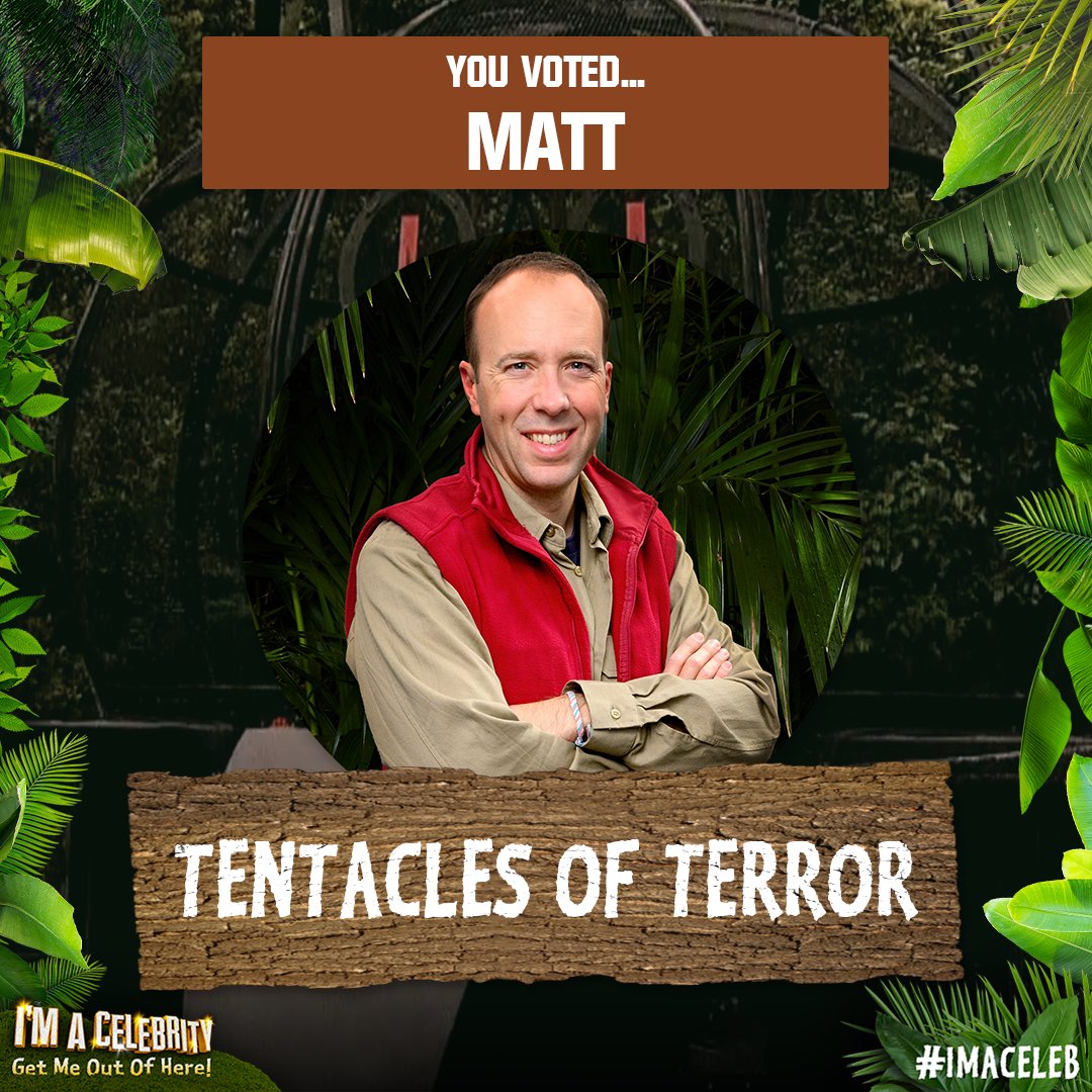 Your votes mean that <a href="/MattHancock/">Matt Hancock</a> will face The Tentacles of Terror in tomorrow night's show. 🐙 

How many stars do you reckon he'll be bringing back for Camp? #ImACeleb