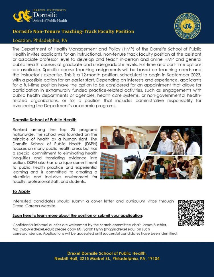 Drexel University Dornsife School of Public Health now hiring a teaching-track faculty in the Department of Health Management and Policy. Chair of the HMP Dept @jmeberth is seeking applicants for the position. @aphabchw @BLiPH16