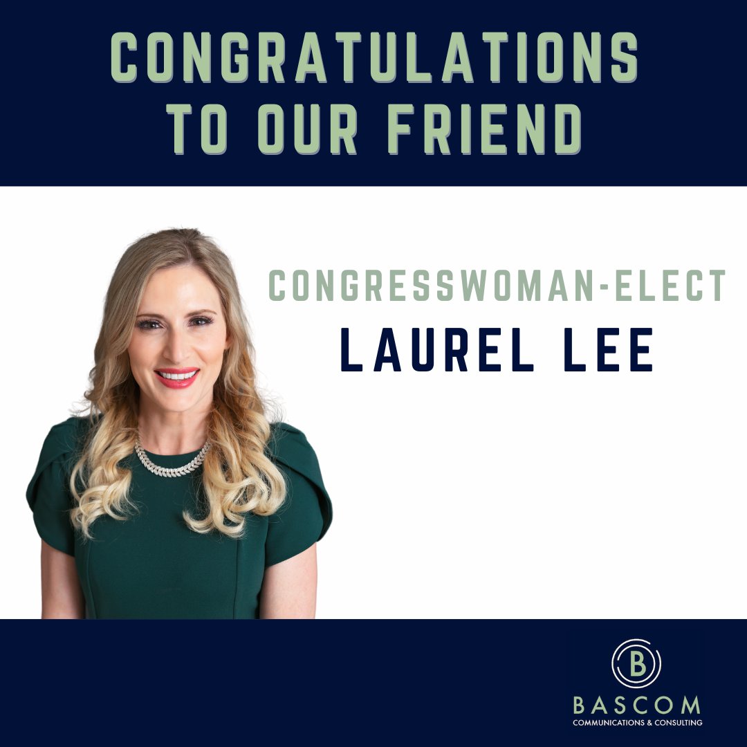 BascomGroup's tweet image. Congresswoman-elect Laurel Lee is a strong, principled conservative and we were honored to be part of her campaign team. Congratulations, @Vote_Laurel, on your victory!