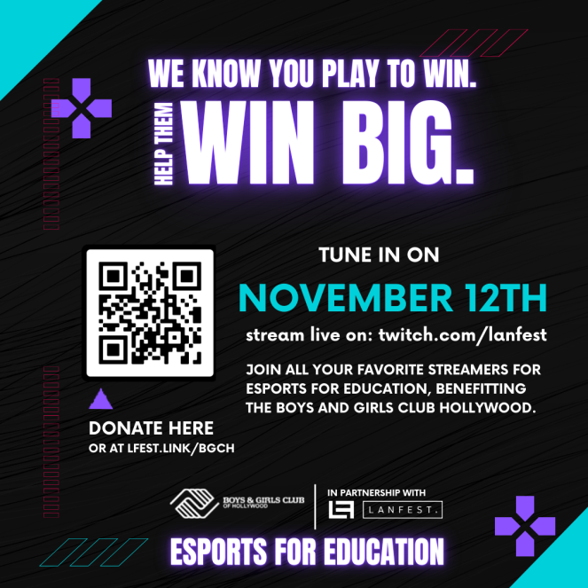 LANFESTgames's tweet photo. Join us on November 12 as we support Boys and Girls Club of Hollywood!
#streamforkids #gamingforgood #charitystream #gamers #gamingcommunity #twitchfundraiser #fundraiser #esportsforeducation #esports #twitch #lanparty #bgchollywood #bgch #forthekids https://t.co/fWmpCRxu5F