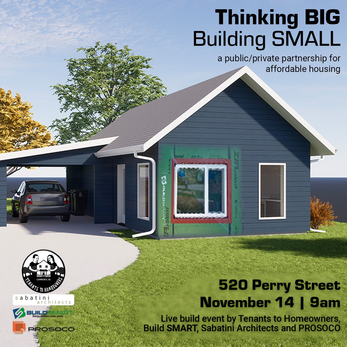 RESCHEDULED! Due to a rainy forecast, this event has been postponed to Monday, Nov. 14. This free event in Lawrence, KS, will demonstrate a live-build with prefabricated panels at 520 Perry Street for Tenants to Homeowners. We hope to see you there!