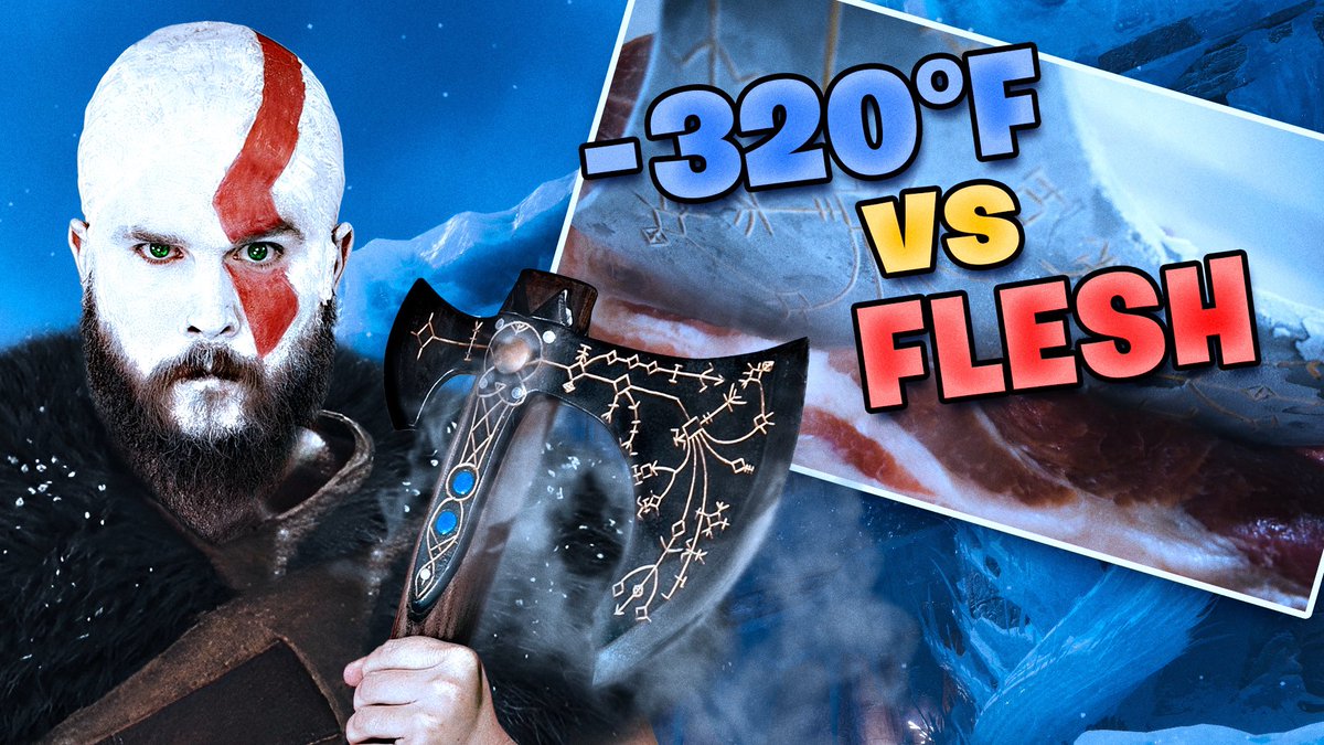 Will a REAL #GodofWarRagnarok axe, cooled down to cryogenic temperatures, actually freeze flesh? Let’s test it! [NEW VIDEO] youtu.be/AlBBemvRb-E @SonySantaMonica