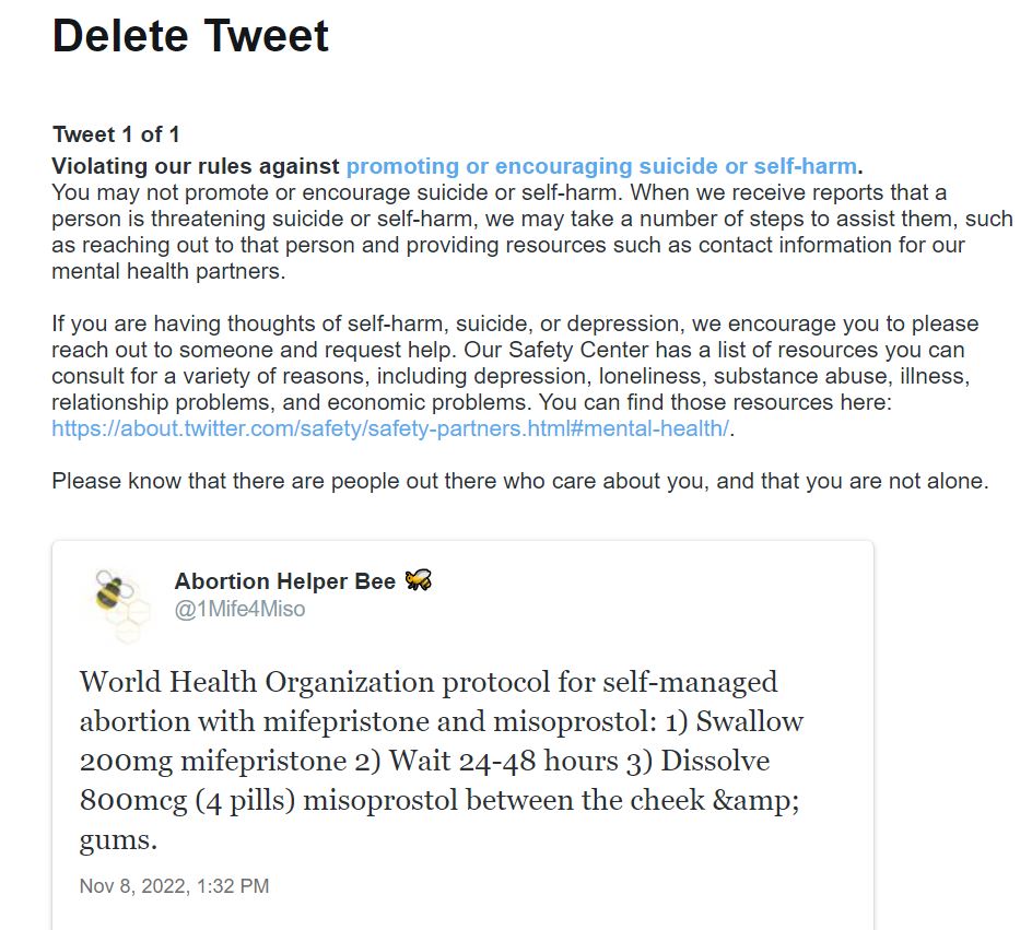 McMisoprostol's tweet photo. Update: I tried a little experiment with a burner account and got the same Twitter suspension for "promoting self-harm" by posting the WHO medication abortion protocol. It seems like this is not just a random error due to general company meltdown. https://t.co/nLGdLW9a3d