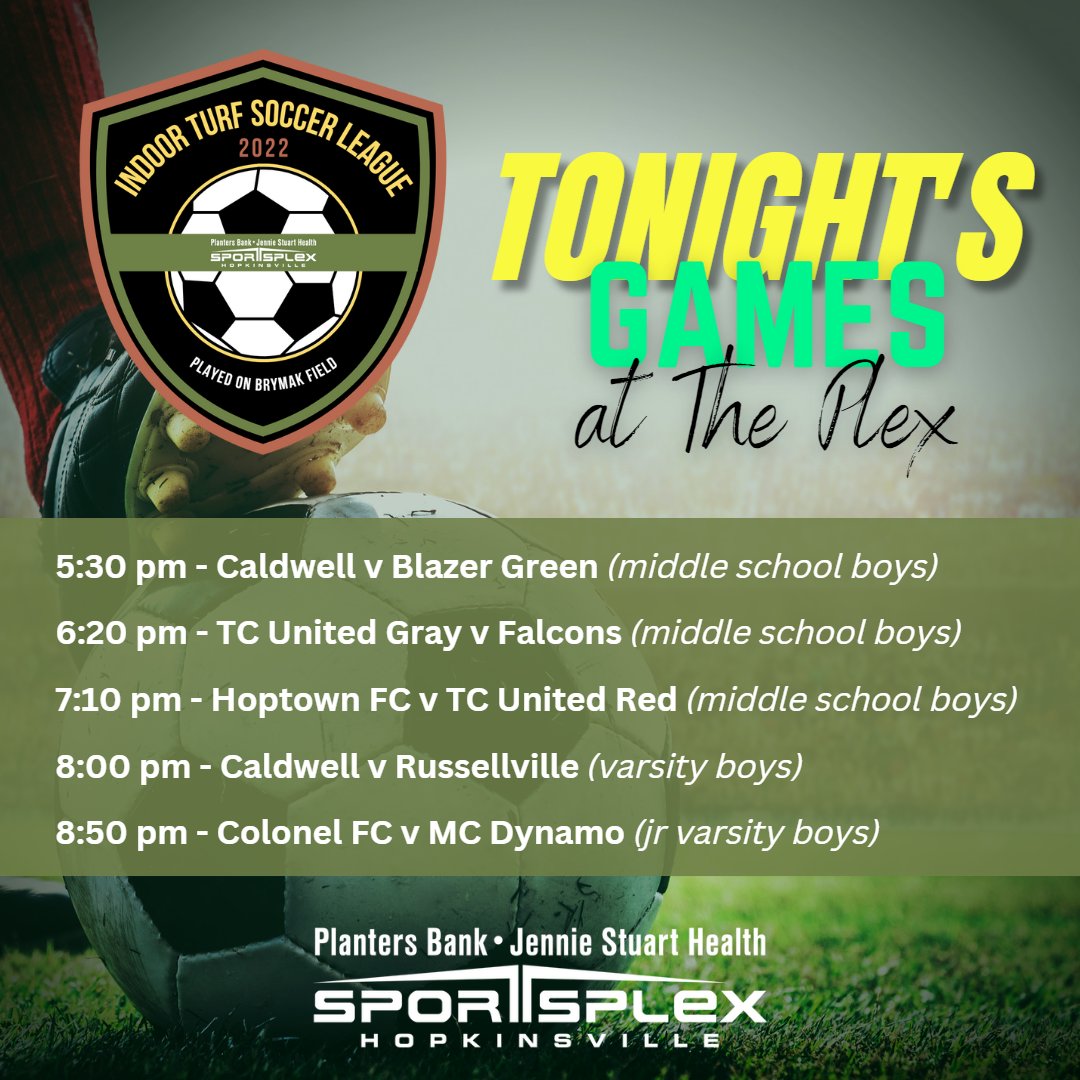 ⚽️ Here's tonight's lineup for our #IndoorSoccerLeague at #ThePlex! 

📅 All team schedules, scores, and standings are on our website: hopkinsvillesportsplex.com/indoor-soccer-…

#hopkinsvillesports #indoorsoccer #soccerleague #highschoolsoccer #middleschoolsoccer #westernkysoccer