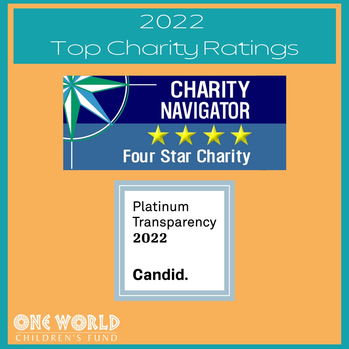 We are proud to receive top ratings in 2022 from Charity Navigator and Candid (formerly GuideStar)! These ratings are important to us, as they demonstrate One World's ongoing commitment to accountability, transparency, and strong financial health.

#owcf #oneworldchildrensfund