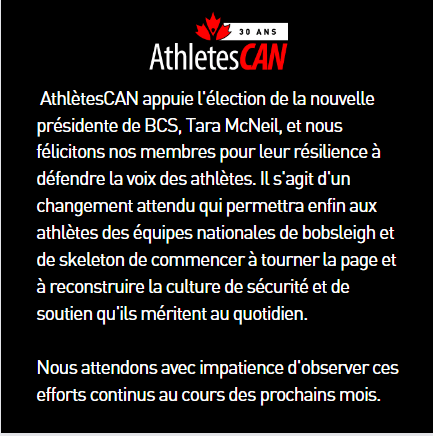 Statement: Bobsleigh Canada Skeleton Presidential Election

Déclaration : Élection présidentielle de Bobsleigh Canada Skeleton

EN: bit.ly/3TlX8fI / FR: bit.ly/3UlTaVJ

#AthleteVoice | #VoixDesAthlètes