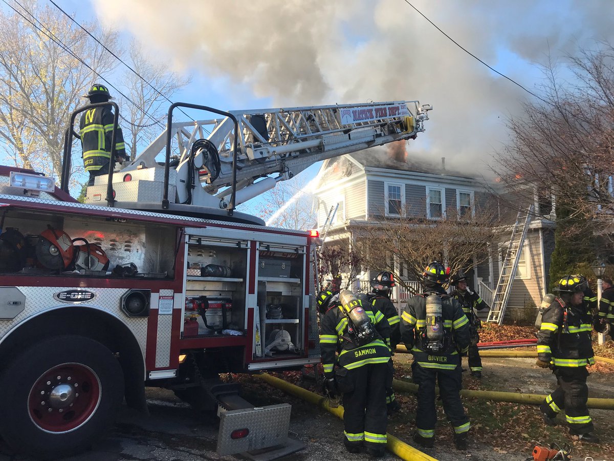NatickFire's tweet photo. Natick Fire Department along with mutual aid companies battled a 3rd alarm fire in a large single family home in the area of Westview Ave and Union Street. Crews faced heavy fire on the second floor and attic. Fire has since been knocked down. All crews working overhauling. https://t.co/4tMRhxRQdk