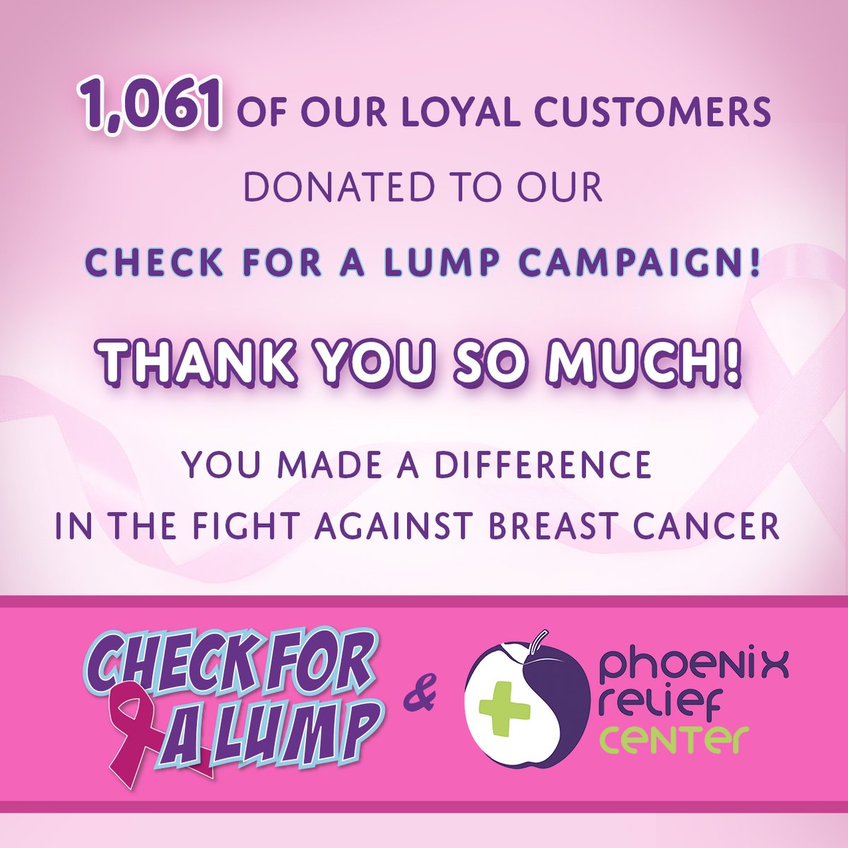 PhxReliefCenter's tweet photo. Special thanks to the 1,061 people that donated to our @checkforalump  campaign! You made a difference in the fight against breast cancer. https://t.co/hDJEMoCXsD