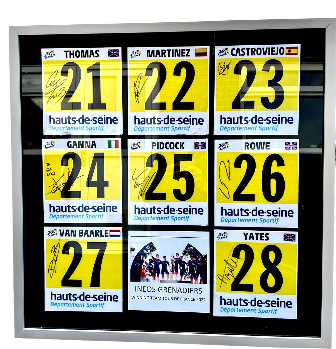 Incredible and exclusive. @ineosgrenadiers were the winning Team at #letour this year. We have a set of the yellow numbers that they are issued with each day. Each number is personalised with the riders name and national flag. And EVERY rider has signed their number MORE ⤵️