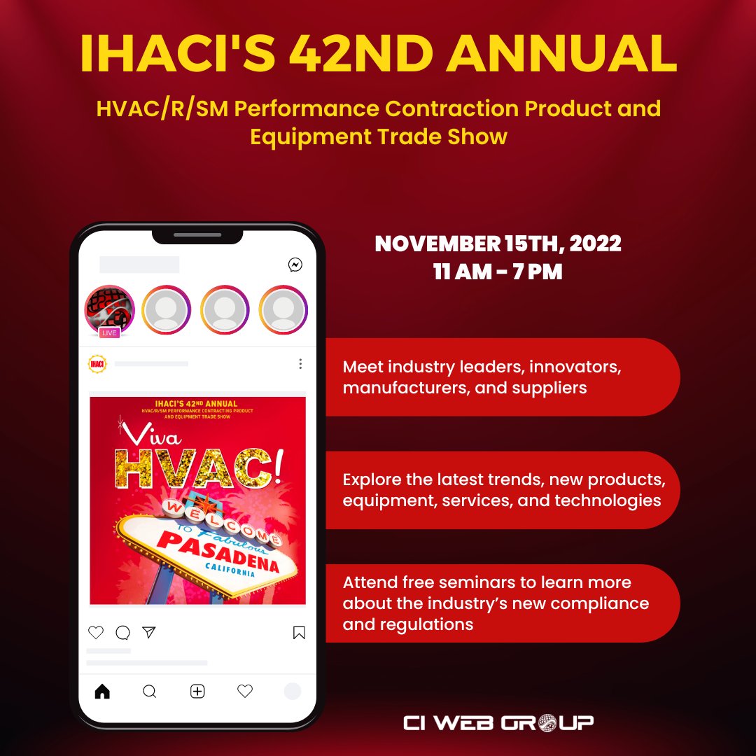 ciwebgroup's tweet photo. We are days away from the 42nd Annual IHACI HVAC/R/SM Performance Contraction Product and Equipment Trade Show!

If you are looking to be an industry innovator, be sure to stop by the CI Web Group booth to learn how. https://t.co/jeUKJVic0O https://t.co/VFHDwUrG5e