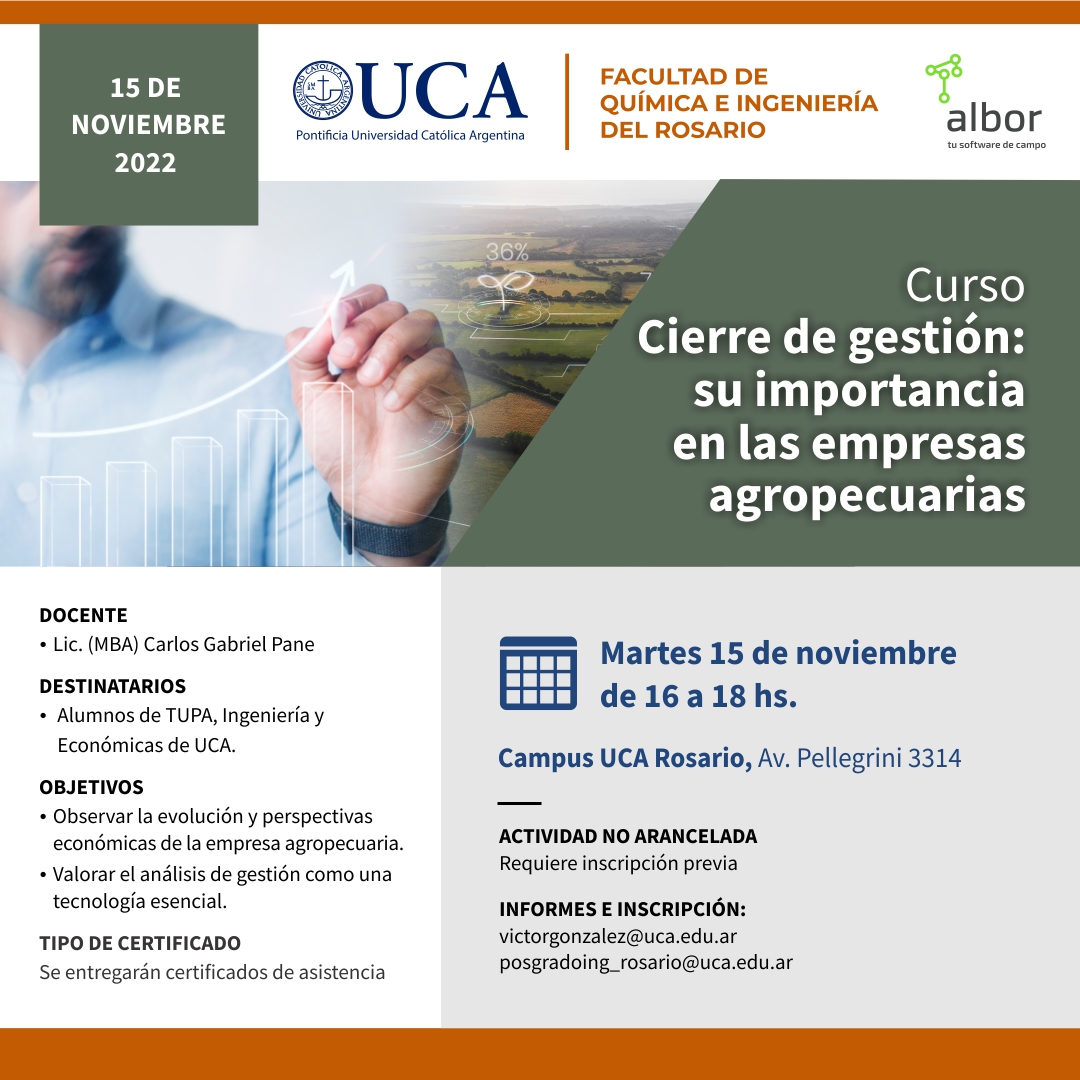 UcaQuim's tweet photo. Curso 
Cierre de gestión:  su importancia en las empresas agropecuarias.
Martes 15 de noviembre de 16 a 18h.
Alumnos de TUPA, Ingeniería y Económicas de UCA.
ACTIVIDAD NO ARANCELADA.
INFORMES E INSCRIPCIÓN:
victorgonzalez@uca.edu.ar
posgradoing_rosario@uca.edu.ar https://t.co/u8MnfyfOA8
