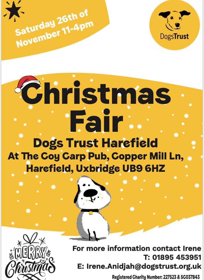 <a href="/paws_left/">Two Left Paws</a> will be at the fair where you will able to buy 100% natural pet treats including a selection of gift boxes for your pets for Christmas. Come along and support this great charity.🎄  
#dogstrust #rickmansworth #croxleygreen #maplecross #harefield #uxbridge #hillingdon