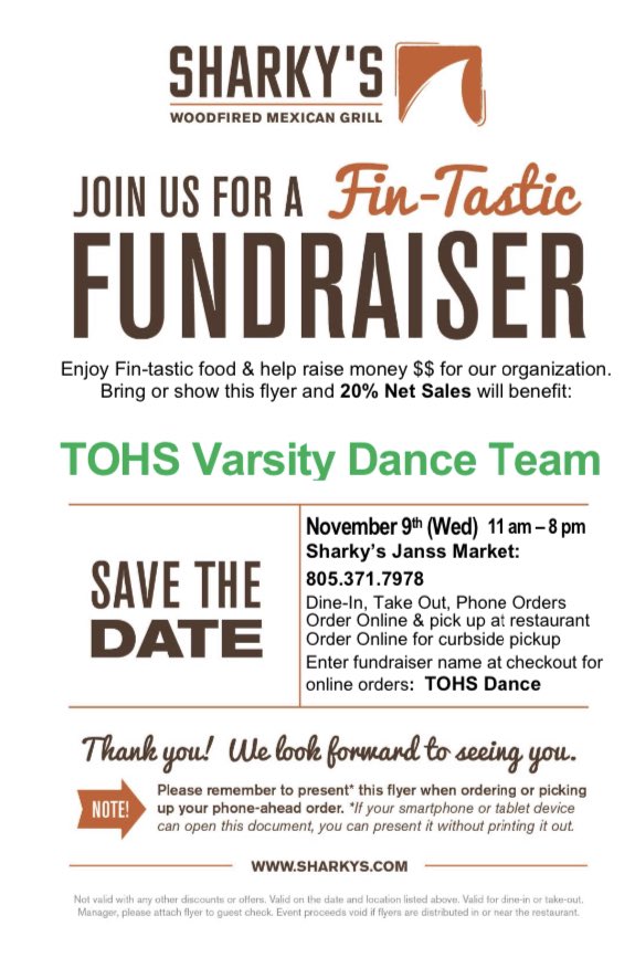 Stop by SHARKYS TODAY from 11am-8pm! Don’t forget to mention TOHS Dance when ordering!!!