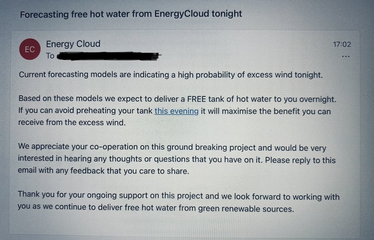 Based on these models EnergyCloud expect to deliver a FREE tank of hot water overnight, to all families on the <a href="/CluidHousing/">Clúid Housing</a> / EnergyCloud project.

Families were informed this evening so as to maximise the benefit they can receive from the excess wind. #energypoverty