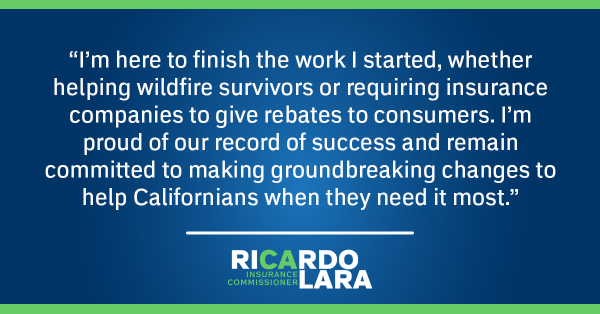 's tweet image. I am honored to be re-elected as California’s Insurance Commissioner and look forward to building on the progress we’ve made over the last four years, fighting for California consumers. Thank you, California! #OnYourSide