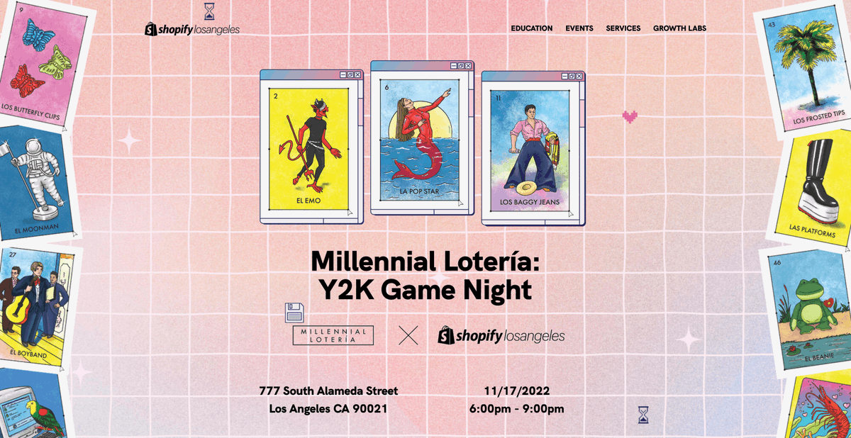 Millennial Loteria x Shopify LA 🎉 

Join creator Mike Alfaro and Shopify LA on November 17th to celebrate the launch of the new Y2K Edition of Millennial Lotería! 🃏

Cant wait to see you guys there!!

You can find all the event info in the link below👇🏽
losangeles.shopify.com/millenialloter…