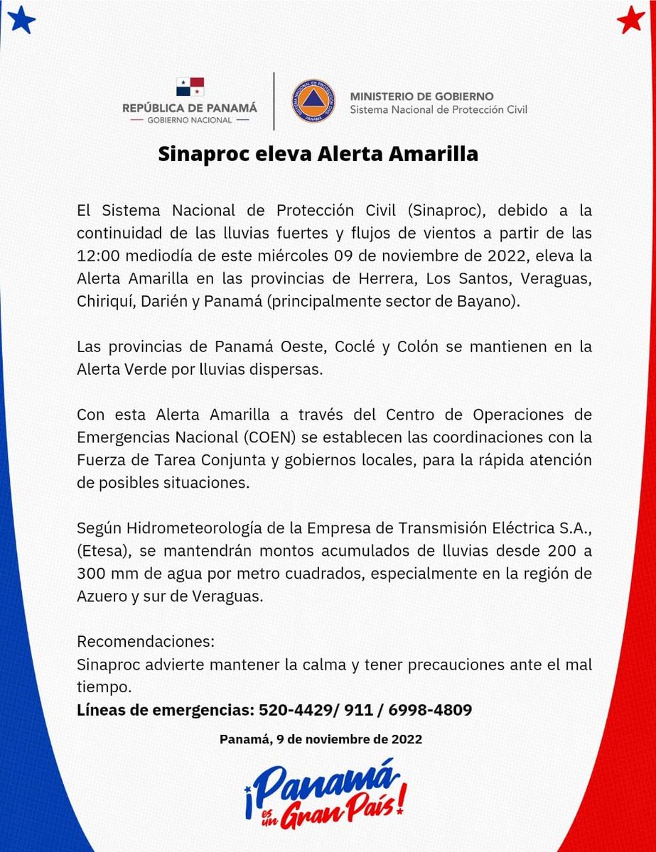 #AlertaAmarilla | A partir de la fecha, debido al mal tiempo, seis provincias pasan a Alerta Amarilla:
🟡Chiriquí 
🟡Darién 
🟡Herrera
🟡Los Santos
🟡Panamá
🟡Veraguas
Continúan en Alerta Verde:
🟢Coclé
🟢Colón
🟢Panamá Oeste.

Siga nuestras cuentas oficiales de información.