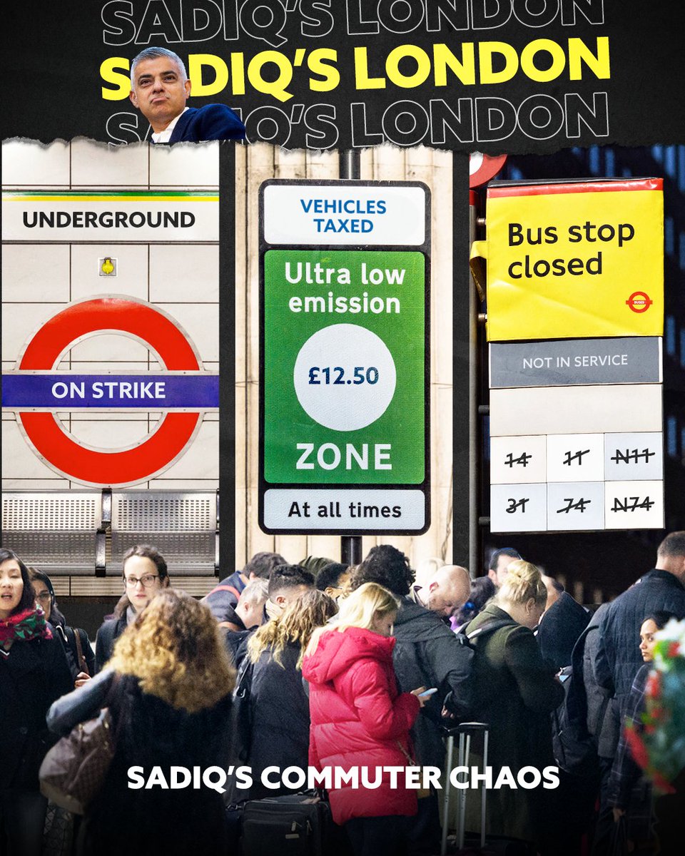 Conservatives's tweet image. It's bad news for commuters:

❌ Tube on strike
❌ Vehicles taxed
❌ Bus routes closed

In Sadiq Khan's London.

Make your voice heard: action.conservatives.com/sadiq-london-c…