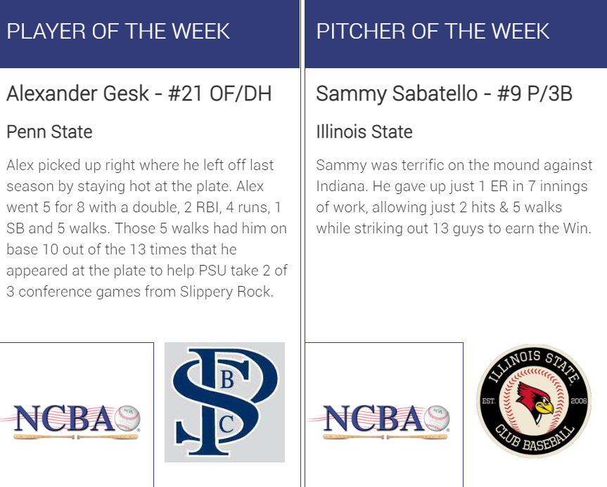 The_NCBA's tweet image. Congratulations to Alexander Gesk (@ThePSBC) &amp;amp; Sammy Sabatello (@IllinoisStateCB) on earning Week 9 NCBA DI National Player &amp;amp; Pitcher of the Week Honors! 

clubbaseball.org