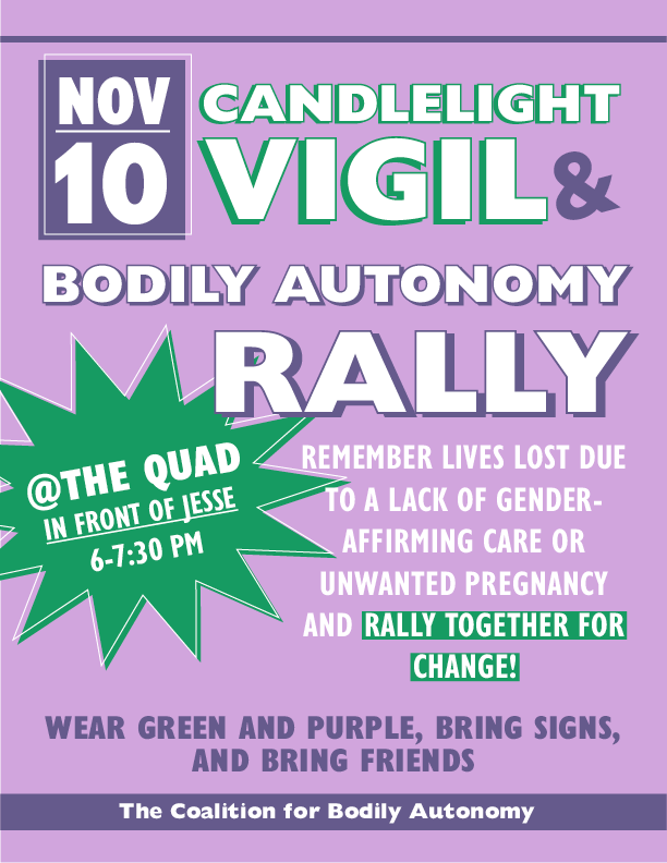 The university was given one month to act on clear demands to defend its students' rights, and in that time nothing has been done. Join the Coalition for Bodily Autonomy tomorrow in front of Jesse Hall to protest this inaction. 💚💜