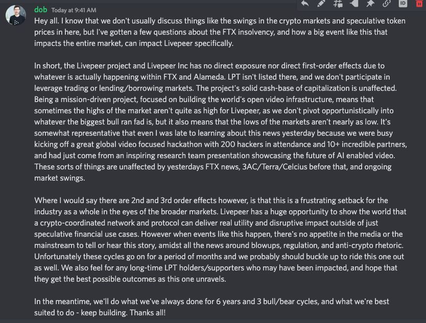 petkanics's tweet photo. Here's what I shared to the @Livepeer community when I received a few questions about the surprising and unfortunate FTX news. https://t.co/VS6wiG5gzj