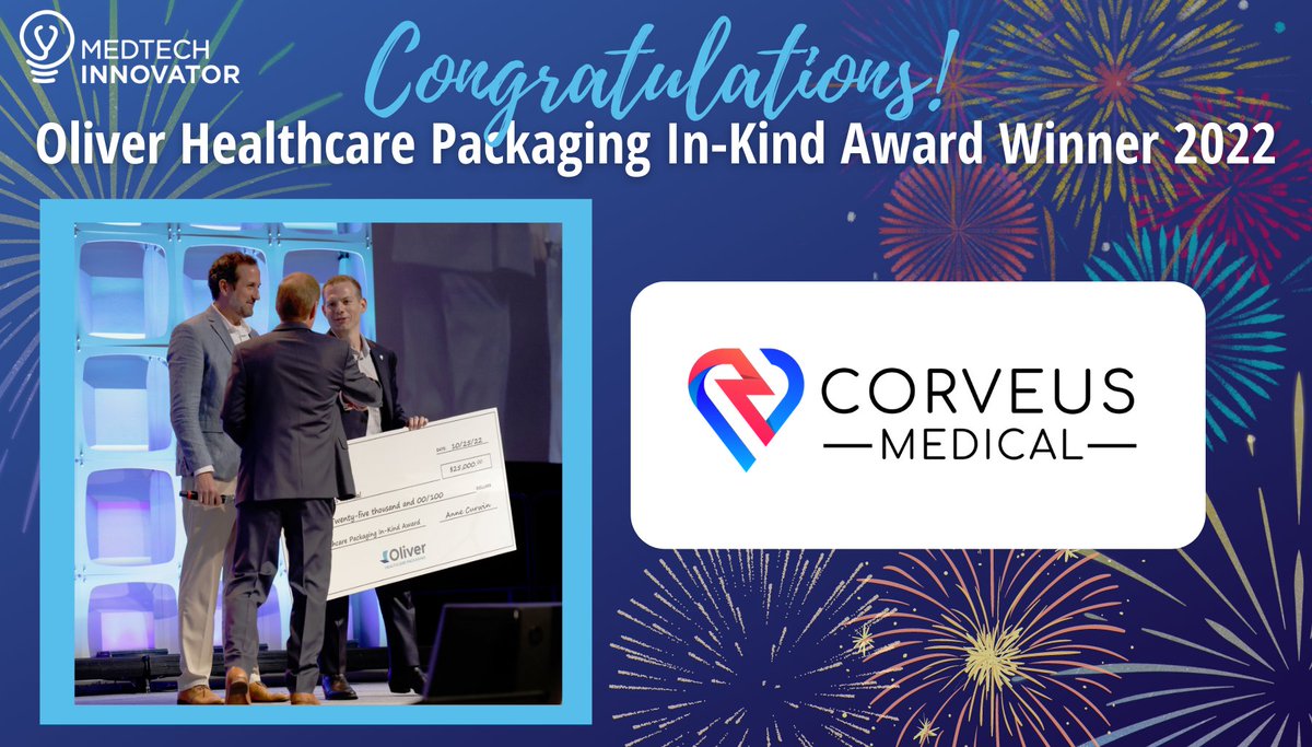 MedTech Innovator (@medtechawards) on Twitter photo Congratulations to <a href="/CorveusMed/">Corveus Medical</a>, the winner of the Oliver Healthcare Packaging In-Kind Award! This award provides equivalent to $25K in technical and consultation services from <a href="/oliverhcp1/">Oliver Healthcare Packaging</a> towards the development of a sterile barrier system for Corveus' device. Congratulations to <a href="/CorveusMed/">Corveus Medical</a>, the winner of the Oliver Healthcare Packaging In-Kind Award! This award provides equivalent to $25K in technical and consultation services from <a href="/oliverhcp1/">Oliver Healthcare Packaging</a> towards the development of a sterile barrier system for Corveus' device.