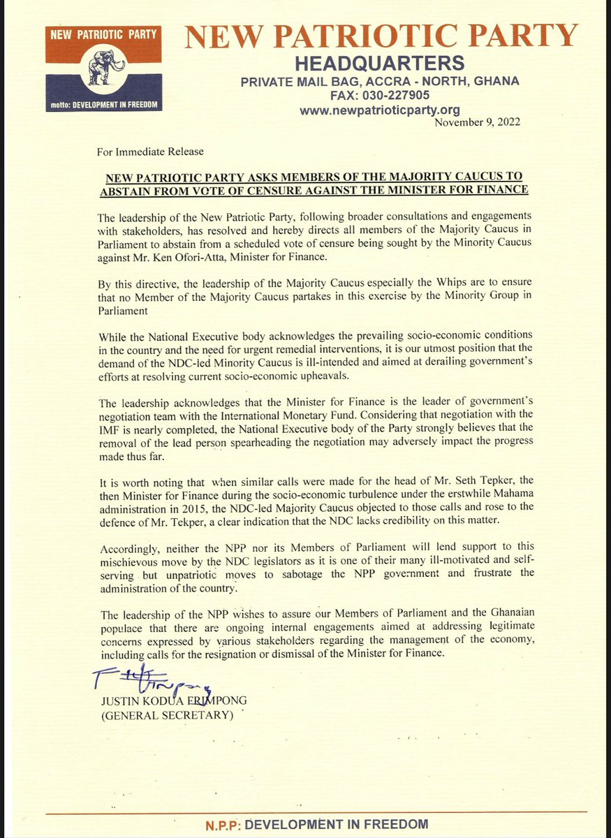 NEW PATRIOTIC PARTY ASKS MEMBERS OF THE MAJORITY CAUCUS TO ABSTAIN FROM VOTE OF CENSURE AGAINST THE MINISTER FOR FINANCE