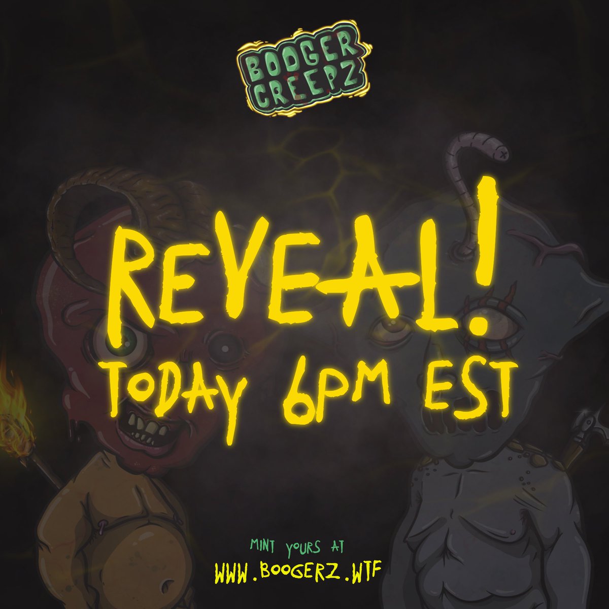 🦠 Booger Creeps reveal will go live today at 6pm EST / 3pm PST! 🦠

Refresh your metadata on OpenSea when the time comes 🍻

👆👃🦠