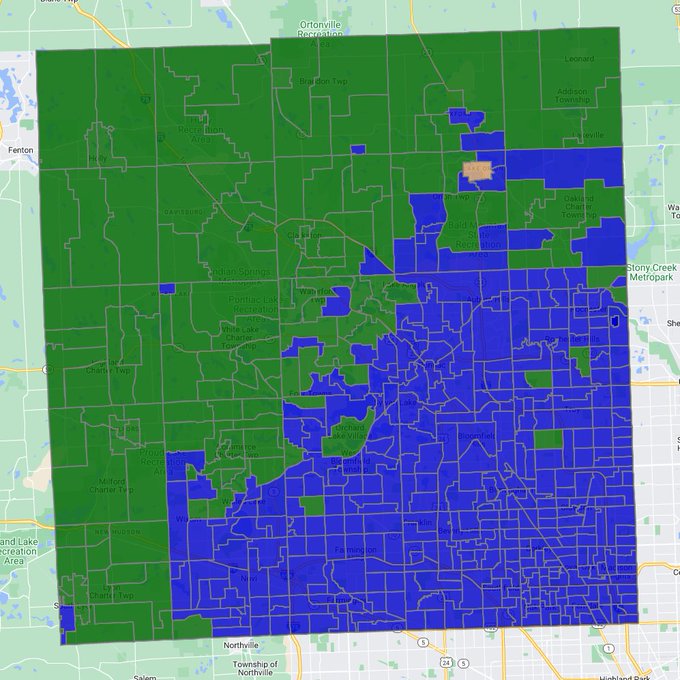 Map of all 511 precincts in Oakland County. Blue indicates a YES vote, green indicates a NO vote, and yellow indicates a tie (downtown Lake Orion). With few exceptions, the northern and western county voted no and the eastern and southern county voted yes. 
