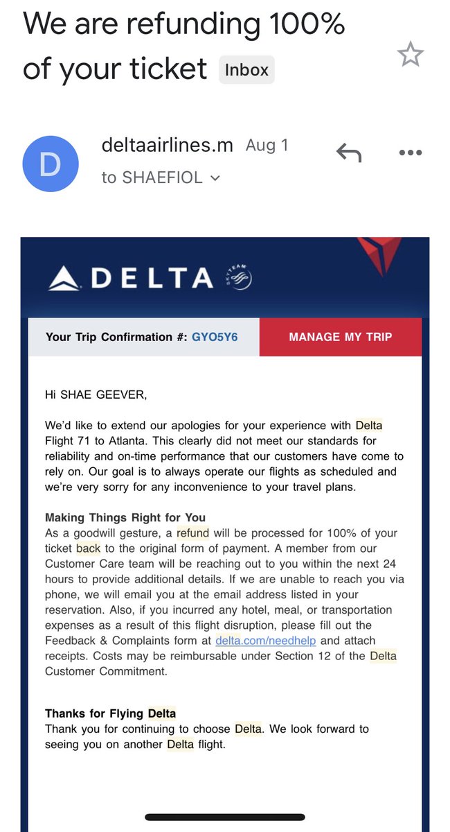 shaefiol's tweet photo. @Delta Hello, I never received my refund for this, nor has anyone ever reached out to me. https://t.co/pEbS0twg5M