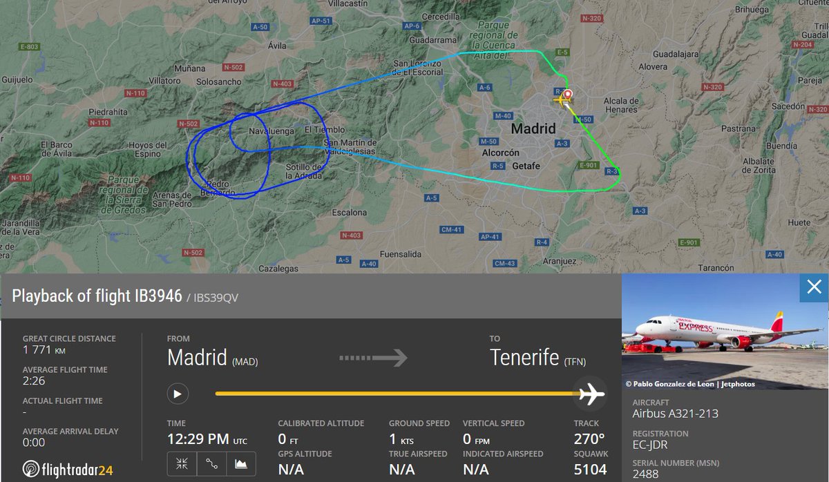 DivertedF's tweet photo. Iberia flight IB3946 from Madrid (MAD) to Tenerife (TFN) returned to Madrid due to a technical issue.https://t.co/U3pqol8DsW https://t.co/rw9sIEXKys