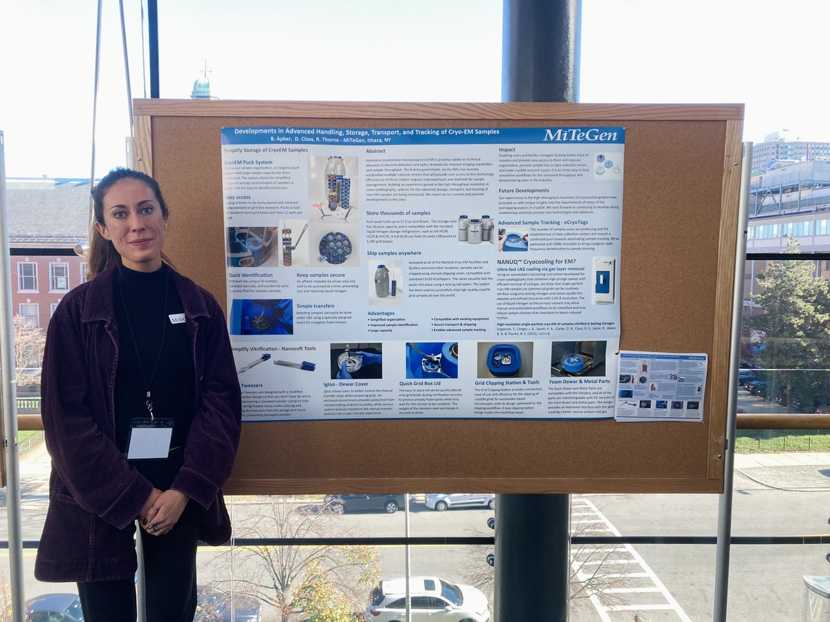 MiTeGen's tweet image. If you are at the 9th New England Cryo-EM symposium, be certain to stop by the poster being presented by our wonderful team member, Adrienne Wooster. We are highlighting lots of great new tools and innovations for cryo-EM sample prep.   #cryoem #proteins #postersession